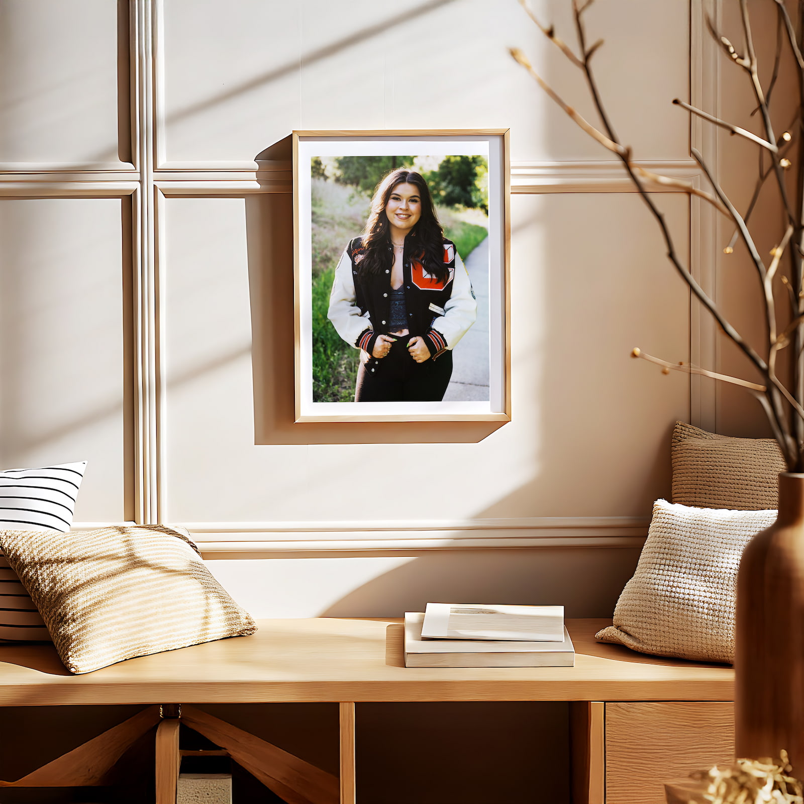 Senior portrait mocked up as heirloom wall art in a home