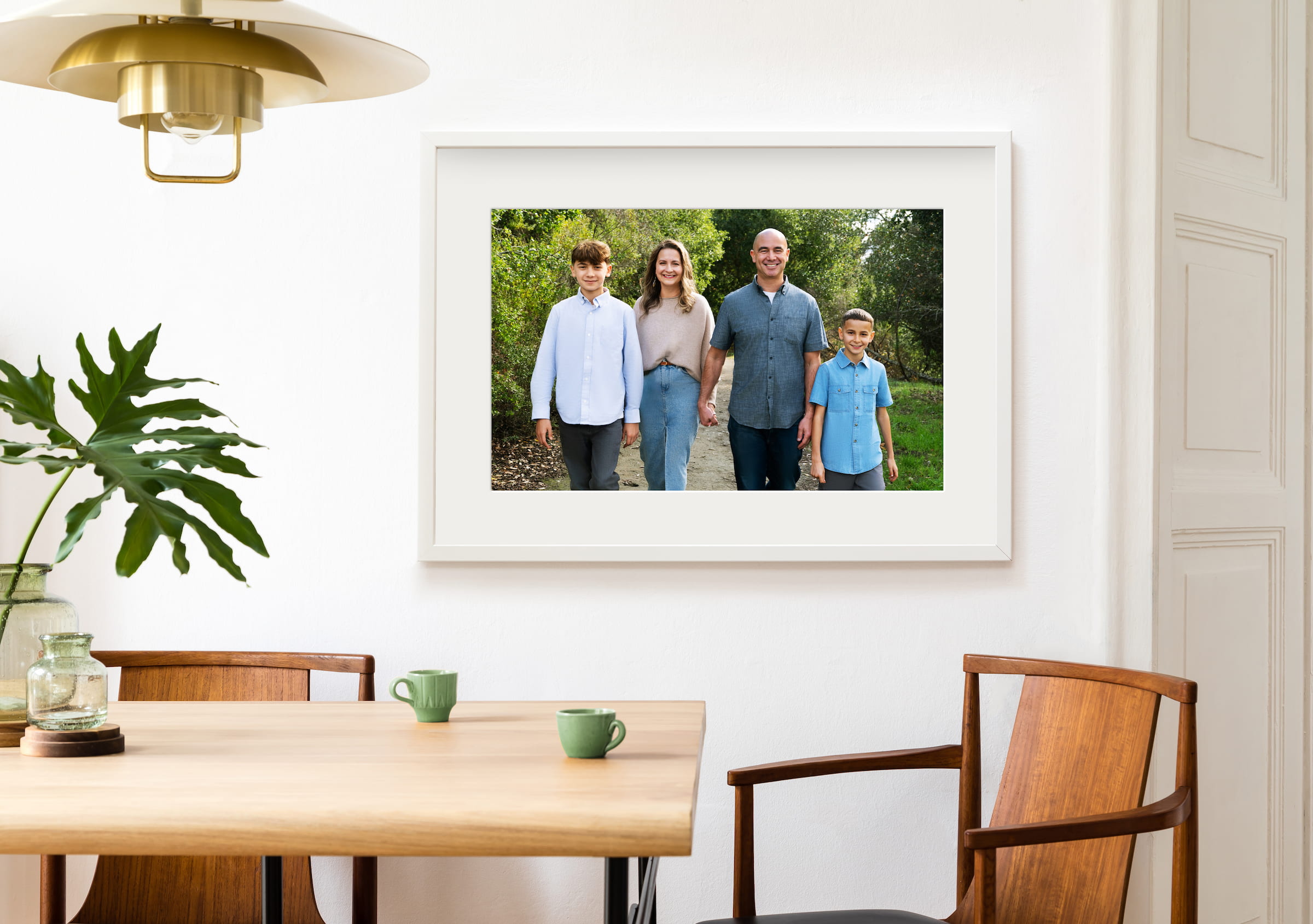 Family portrait as wall art in a dining room